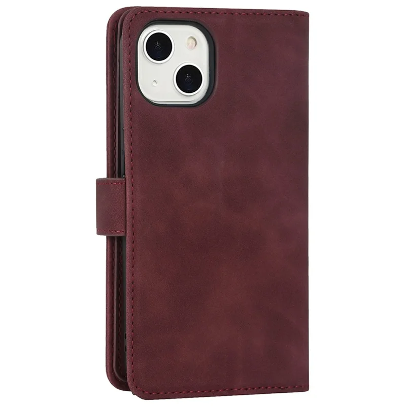 For iPhone 13 mini Stand Case PU Leather Phone Cover with Straps  /  Zipper Wallet  /  Multiple Card Slots - Wine Red