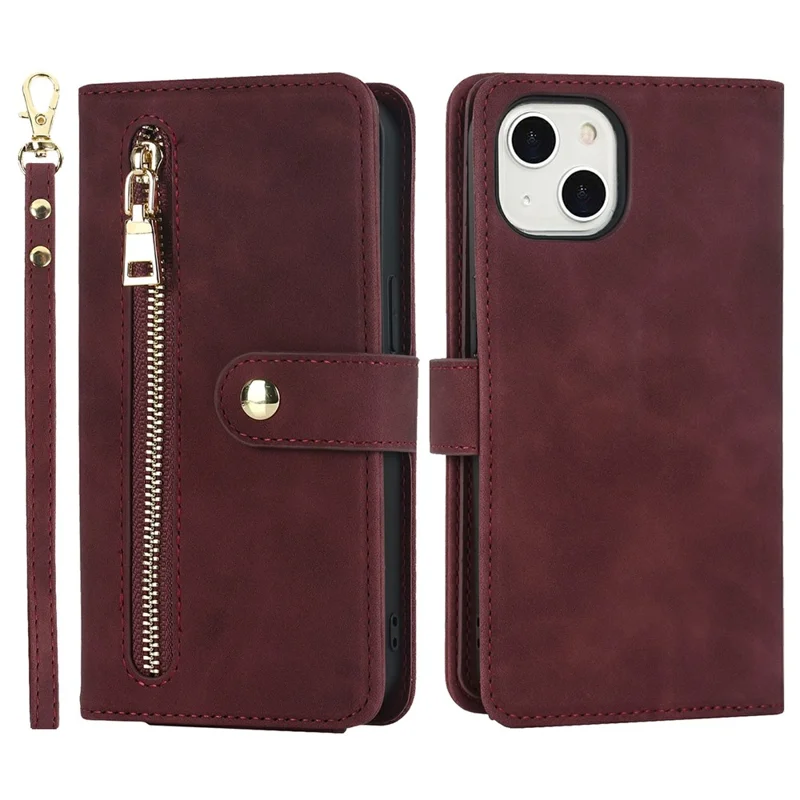 For iPhone 13 mini Stand Case PU Leather Phone Cover with Straps  /  Zipper Wallet  /  Multiple Card Slots - Wine Red