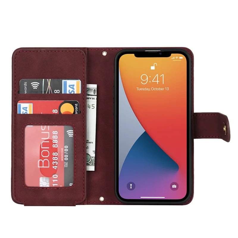 For iPhone 13 mini Stand Case PU Leather Phone Cover with Straps  /  Zipper Wallet  /  Multiple Card Slots - Wine Red