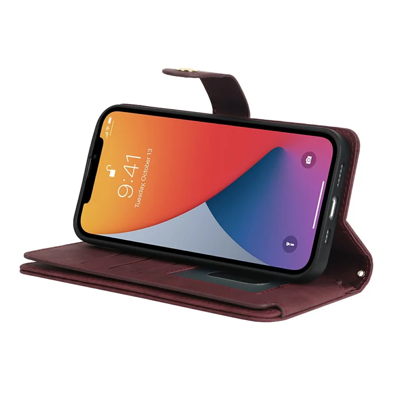 For iPhone 13 mini Stand Case PU Leather Phone Cover with Straps  /  Zipper Wallet  /  Multiple Card Slots - Wine Red