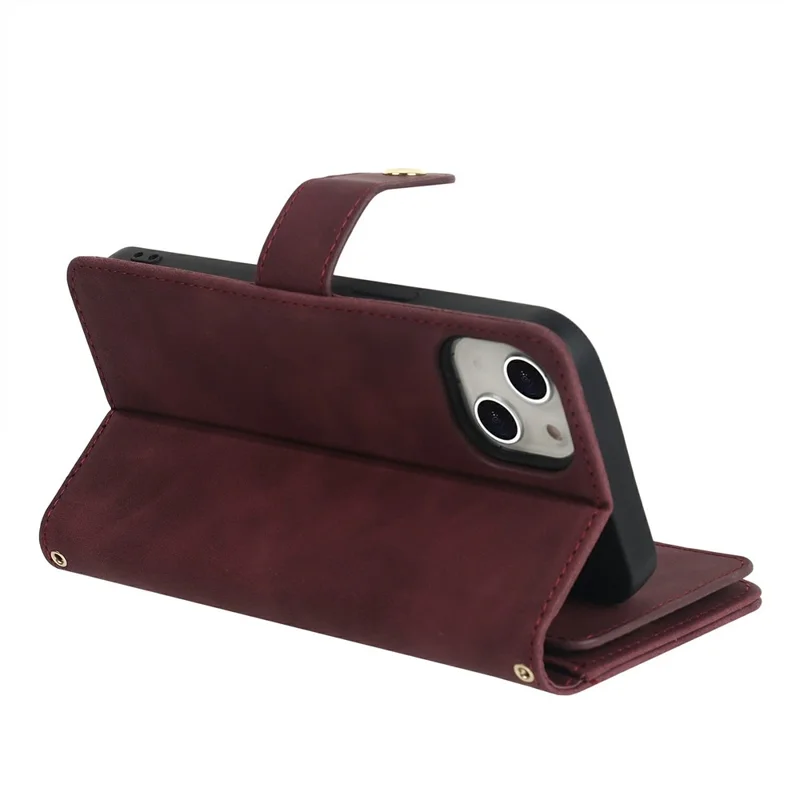 For iPhone 13 mini Stand Case PU Leather Phone Cover with Straps  /  Zipper Wallet  /  Multiple Card Slots - Wine Red
