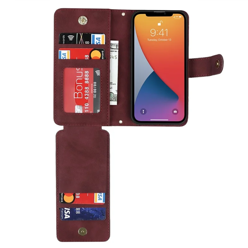 For iPhone 13 mini Stand Case PU Leather Phone Cover with Straps  /  Zipper Wallet  /  Multiple Card Slots - Wine Red