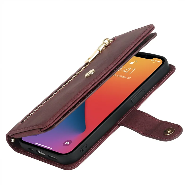 For iPhone 13 mini Stand Case PU Leather Phone Cover with Straps  /  Zipper Wallet  /  Multiple Card Slots - Wine Red