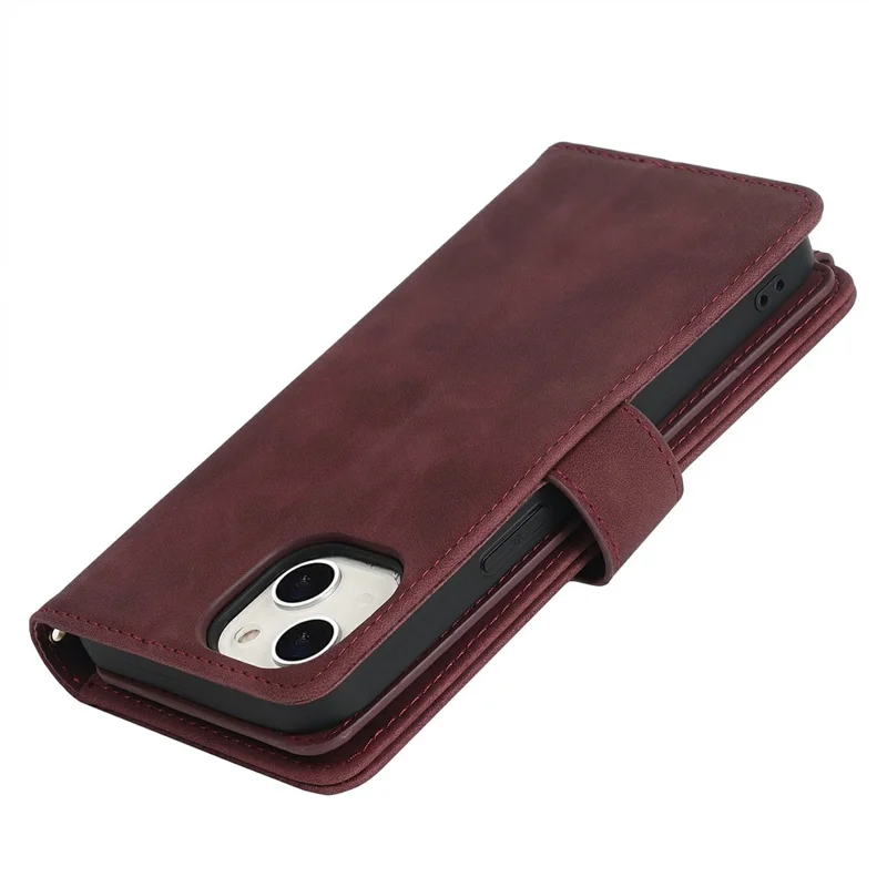 For iPhone 13 mini Stand Case PU Leather Phone Cover with Straps  /  Zipper Wallet  /  Multiple Card Slots - Wine Red