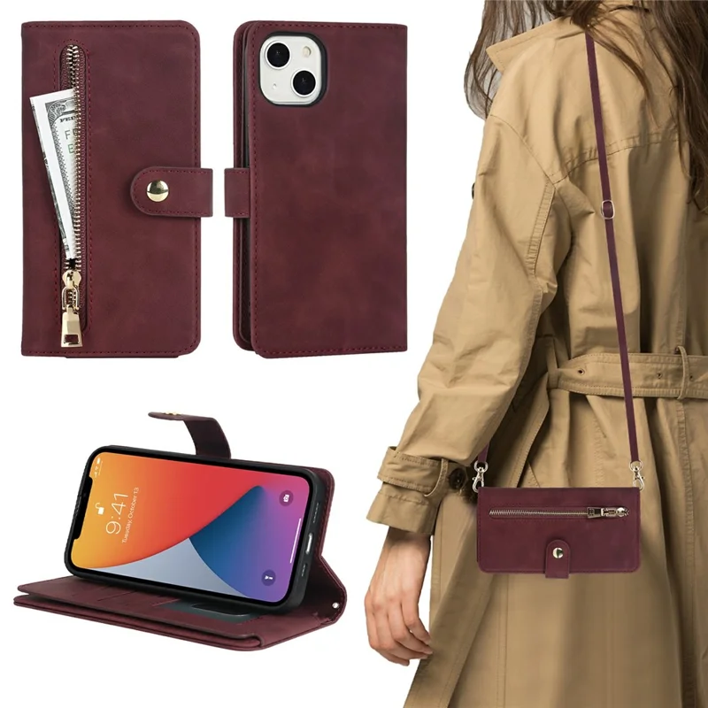 For iPhone 13 mini Stand Case PU Leather Phone Cover with Straps  /  Zipper Wallet  /  Multiple Card Slots - Wine Red