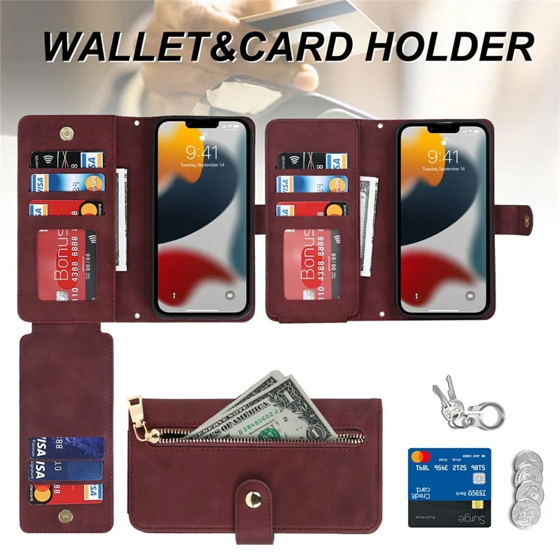For iPhone 13 Pro Stand Case PU Leather Phone Cover with Straps  /  Zipper Wallet  /  Multiple Card Slots - Wine Red