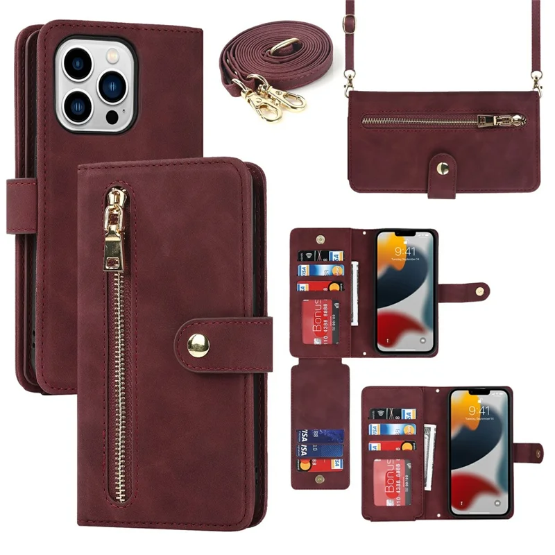 Capa para iPhone 13 Pro Max / 12 Pro Max com Suporte em Couro Sintético com Alças / Carteira com Zíper / Múltiplos Compartimentos para Cartões - Vermelho Vinho