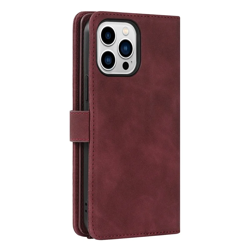 Capa para iPhone 13 Pro Max / 12 Pro Max com Suporte em Couro Sintético com Alças / Carteira com Zíper / Múltiplos Compartimentos para Cartões - Vermelho Vinho