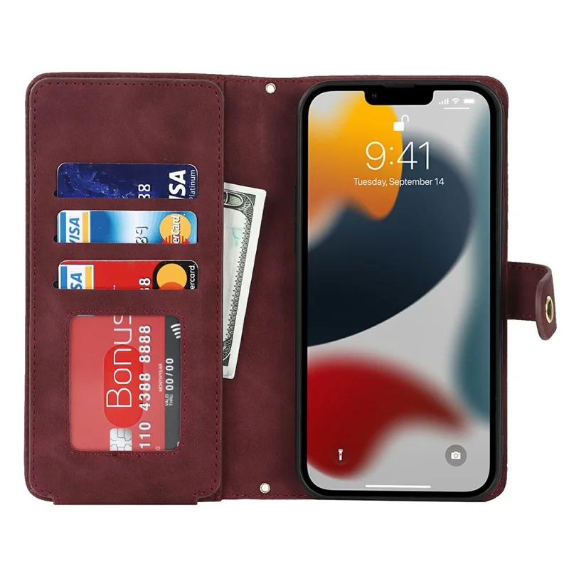 Capa para iPhone 13 Pro Max / 12 Pro Max com Suporte em Couro Sintético com Alças / Carteira com Zíper / Múltiplos Compartimentos para Cartões - Vermelho Vinho