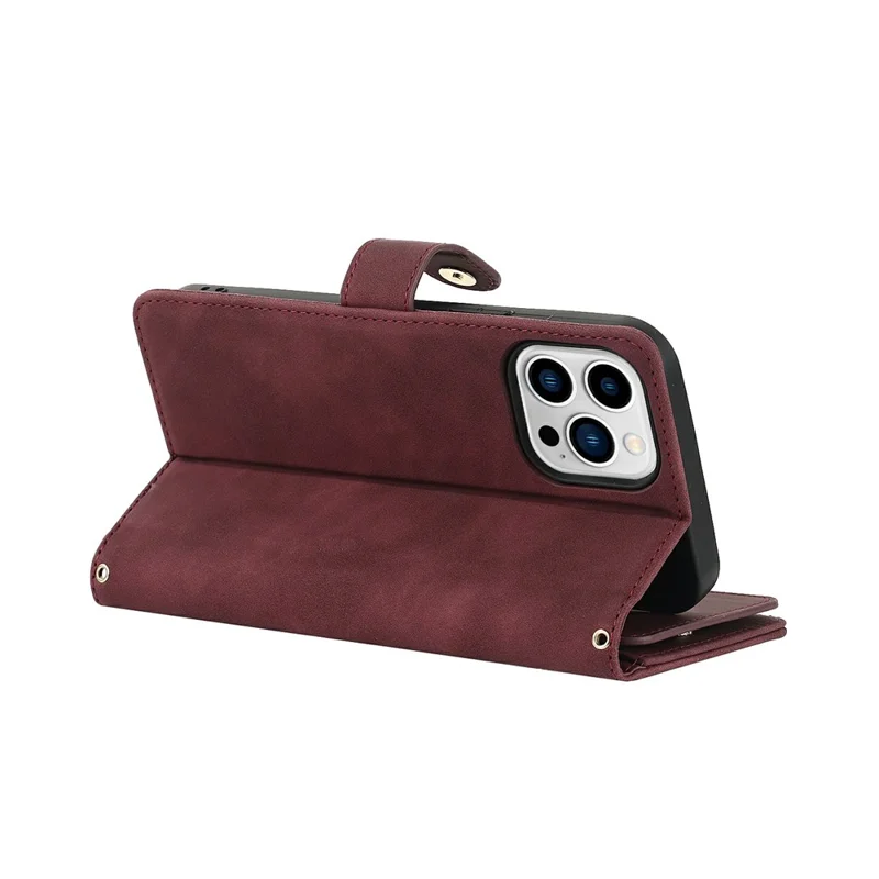 Capa para iPhone 13 Pro Max / 12 Pro Max com Suporte em Couro Sintético com Alças / Carteira com Zíper / Múltiplos Compartimentos para Cartões - Vermelho Vinho