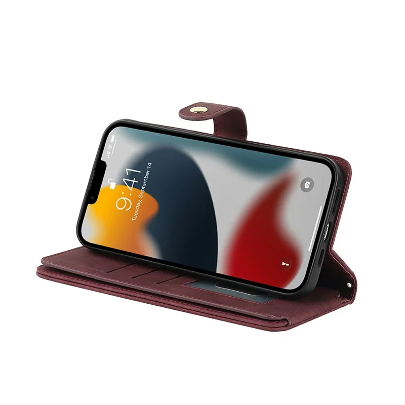 Capa para iPhone 13 Pro Max / 12 Pro Max com Suporte em Couro Sintético com Alças / Carteira com Zíper / Múltiplos Compartimentos para Cartões - Vermelho Vinho