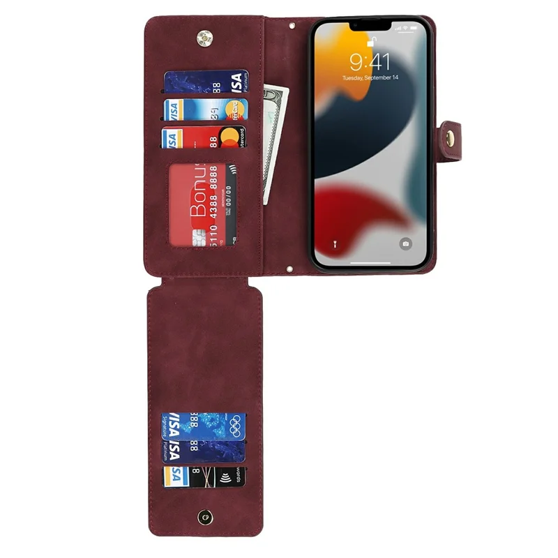 Capa para iPhone 13 Pro Max / 12 Pro Max com Suporte em Couro Sintético com Alças / Carteira com Zíper / Múltiplos Compartimentos para Cartões - Vermelho Vinho