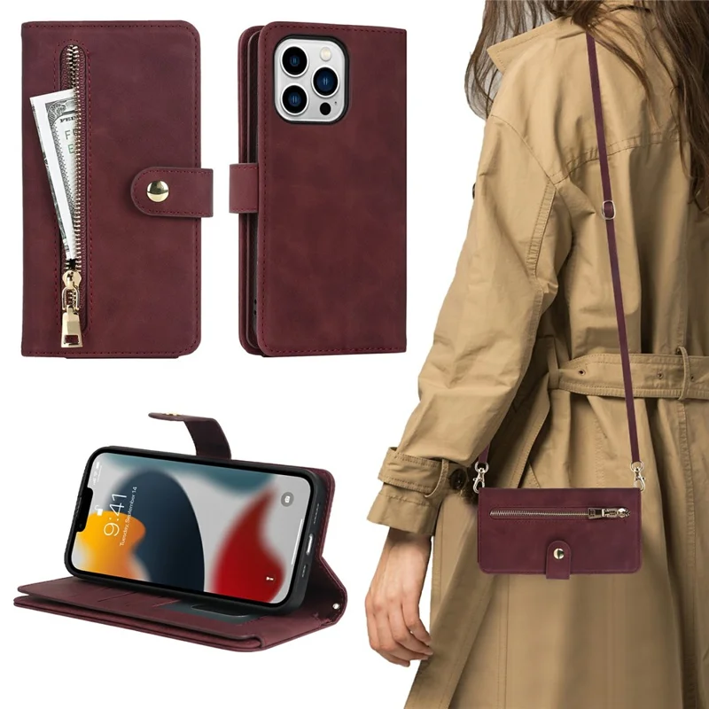 Capa para iPhone 13 Pro Max / 12 Pro Max com Suporte em Couro Sintético com Alças / Carteira com Zíper / Múltiplos Compartimentos para Cartões - Vermelho Vinho