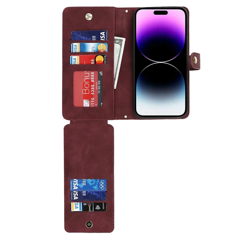 For iPhone 14 Pro Stand Case PU Leather Phone Cover with Straps  /  Zipper Wallet  /  Multiple Card Slots - Wine Red