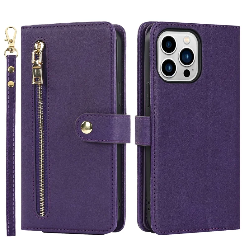 For iPhone 14 Pro Max Stand Case PU Leather Phone Cover with Straps  /  Zipper Wallet  /  Multiple Card Slots - Purple