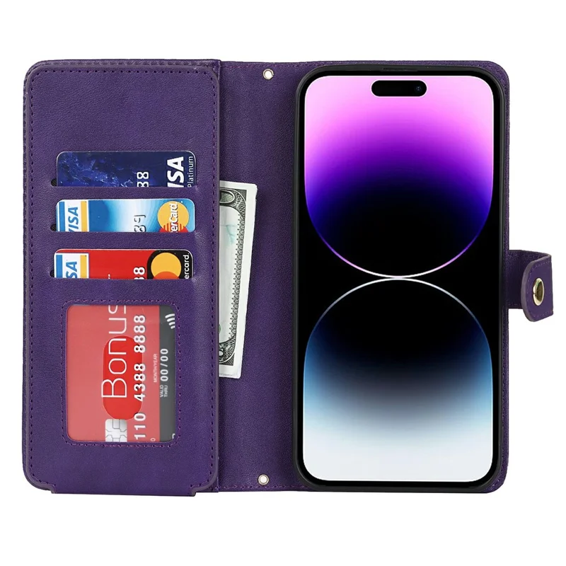 For iPhone 14 Pro Max Stand Case PU Leather Phone Cover with Straps  /  Zipper Wallet  /  Multiple Card Slots - Purple