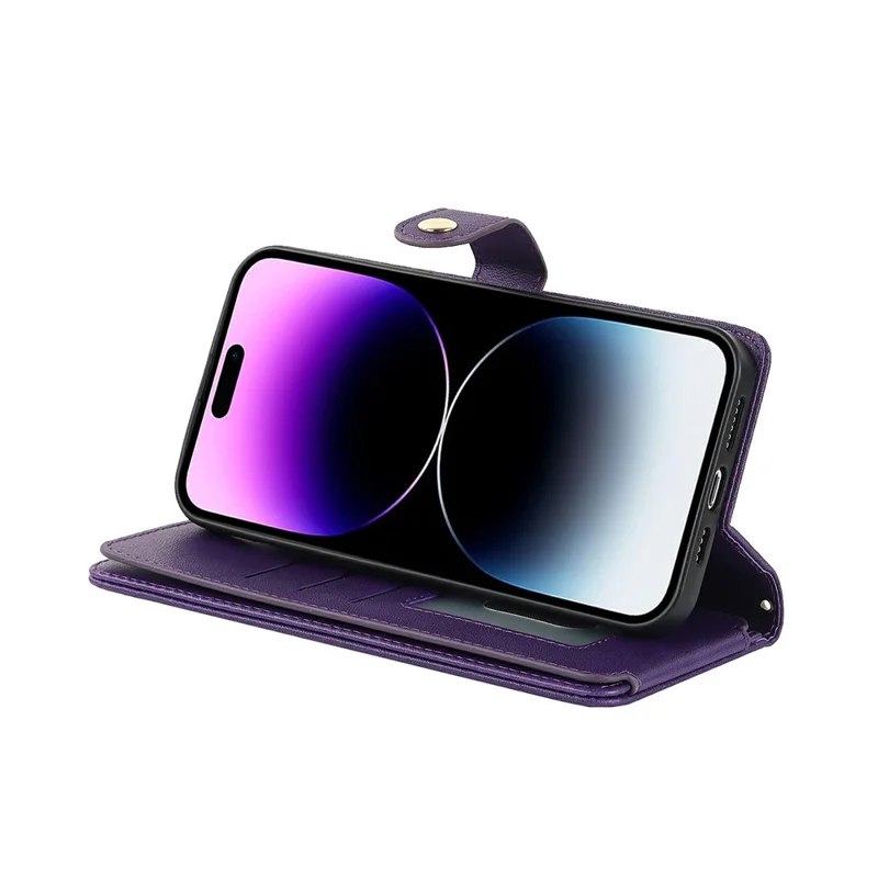 For iPhone 14 Pro Max Stand Case PU Leather Phone Cover with Straps  /  Zipper Wallet  /  Multiple Card Slots - Purple