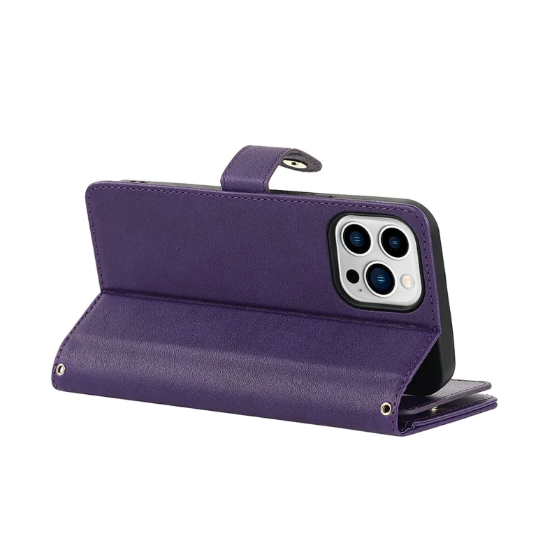 For iPhone 14 Pro Max Stand Case PU Leather Phone Cover with Straps  /  Zipper Wallet  /  Multiple Card Slots - Purple