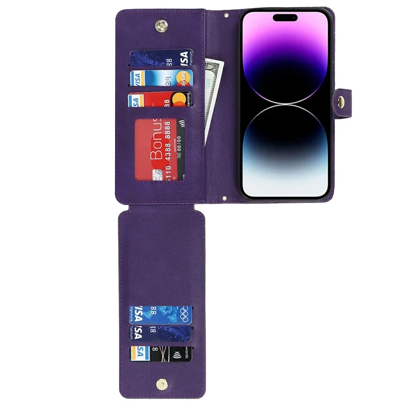 For iPhone 14 Pro Max Stand Case PU Leather Phone Cover with Straps  /  Zipper Wallet  /  Multiple Card Slots - Purple
