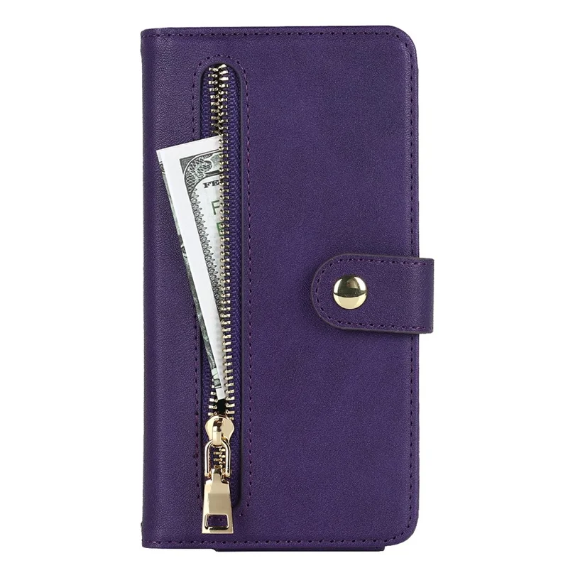 For iPhone 14 Pro Max Stand Case PU Leather Phone Cover with Straps  /  Zipper Wallet  /  Multiple Card Slots - Purple