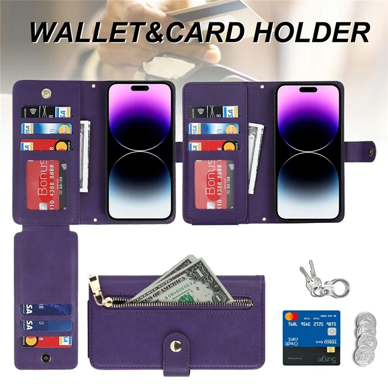 For iPhone 14 Pro Max Stand Case PU Leather Phone Cover with Straps  /  Zipper Wallet  /  Multiple Card Slots - Purple