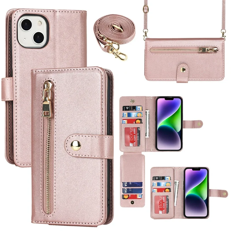 For iPhone 14 Plus Stand Case PU Leather Phone Cover with Straps  /  Zipper Wallet  /  Multiple Card Slots - Rose Gold