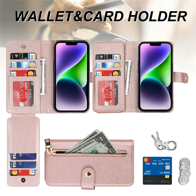 For iPhone 14 Plus Stand Case PU Leather Phone Cover with Straps  /  Zipper Wallet  /  Multiple Card Slots - Rose Gold