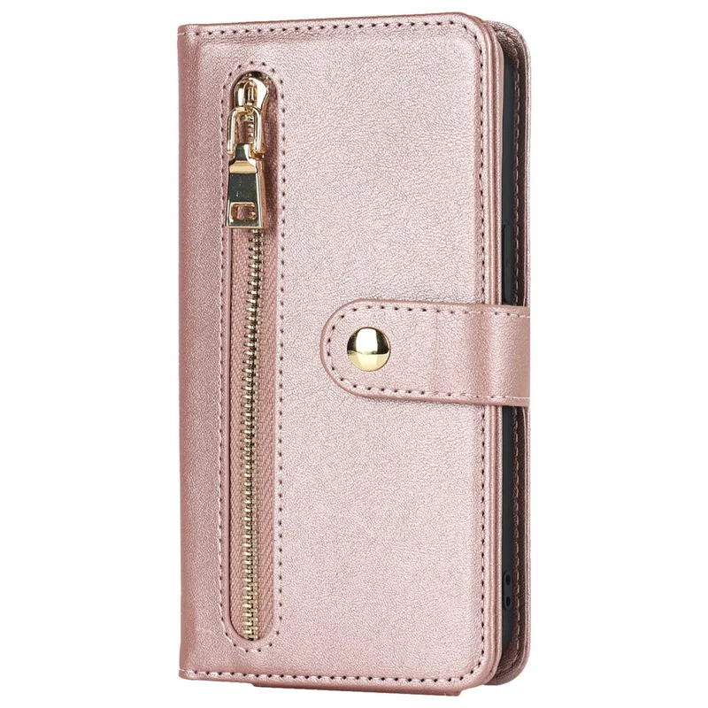For iPhone 14 Plus Stand Case PU Leather Phone Cover with Straps  /  Zipper Wallet  /  Multiple Card Slots - Rose Gold