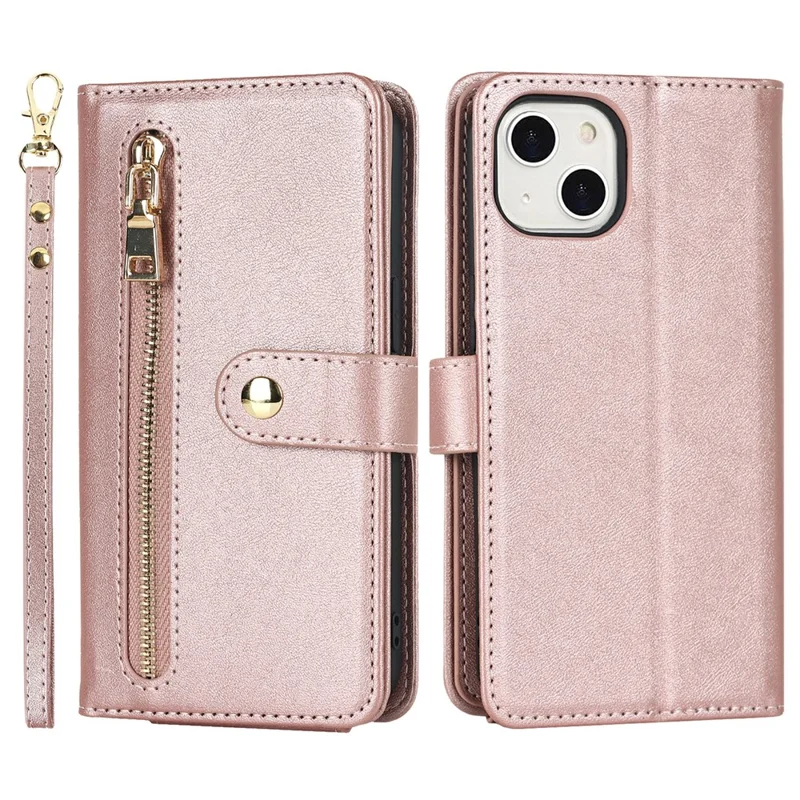 For iPhone 14 Plus Stand Case PU Leather Phone Cover with Straps  /  Zipper Wallet  /  Multiple Card Slots - Rose Gold