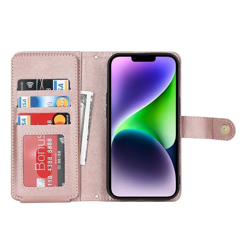For iPhone 14 Plus Stand Case PU Leather Phone Cover with Straps  /  Zipper Wallet  /  Multiple Card Slots - Rose Gold