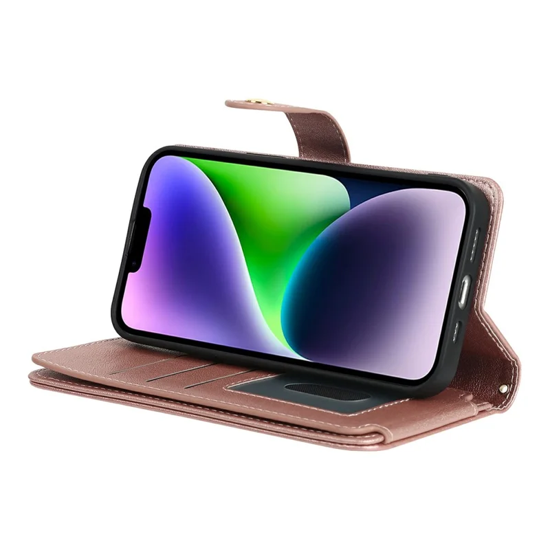 For iPhone 14 Plus Stand Case PU Leather Phone Cover with Straps  /  Zipper Wallet  /  Multiple Card Slots - Rose Gold