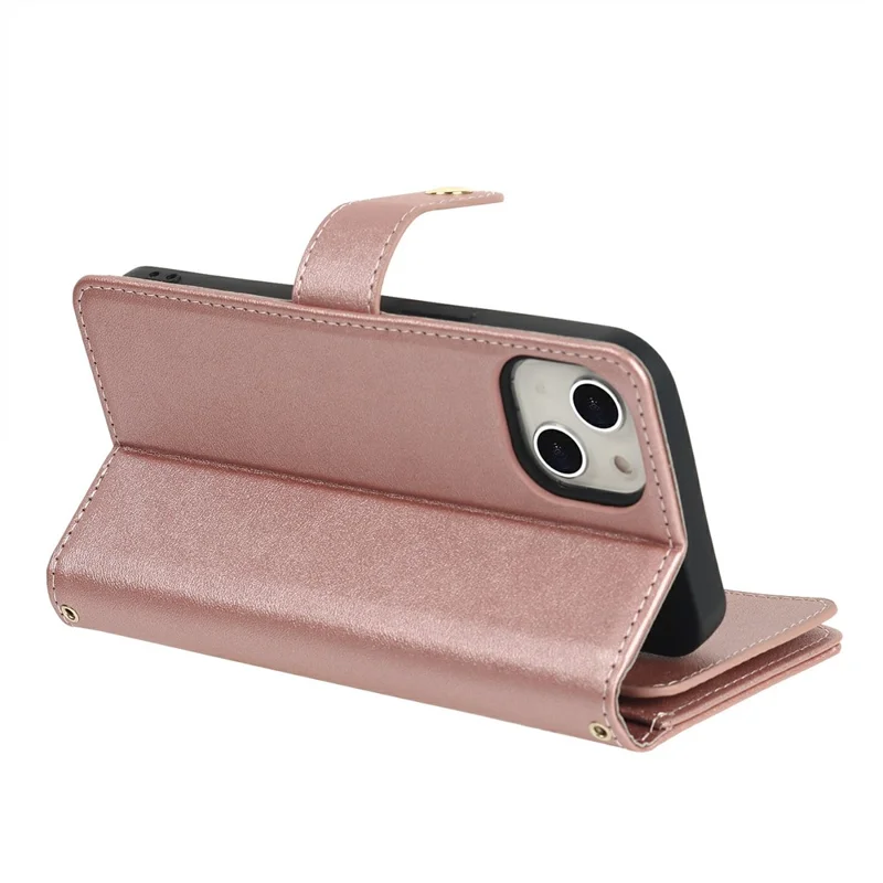For iPhone 14 Plus Stand Case PU Leather Phone Cover with Straps  /  Zipper Wallet  /  Multiple Card Slots - Rose Gold