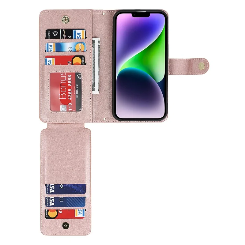 For iPhone 14 Plus Stand Case PU Leather Phone Cover with Straps  /  Zipper Wallet  /  Multiple Card Slots - Rose Gold