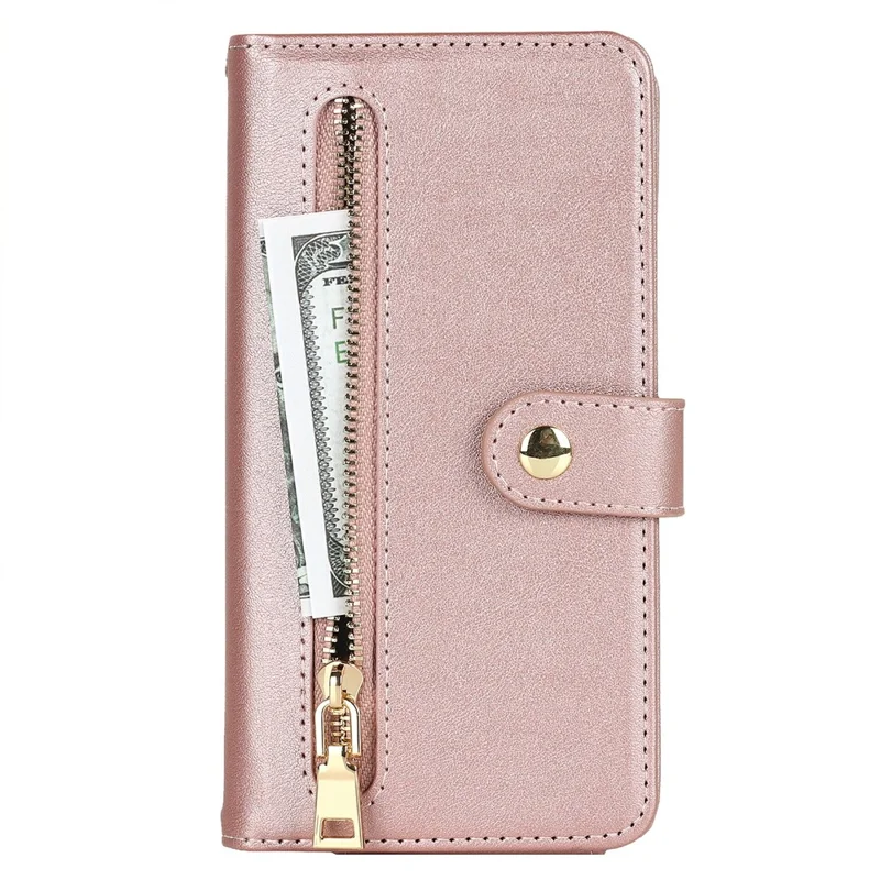 For iPhone 14 Plus Stand Case PU Leather Phone Cover with Straps  /  Zipper Wallet  /  Multiple Card Slots - Rose Gold
