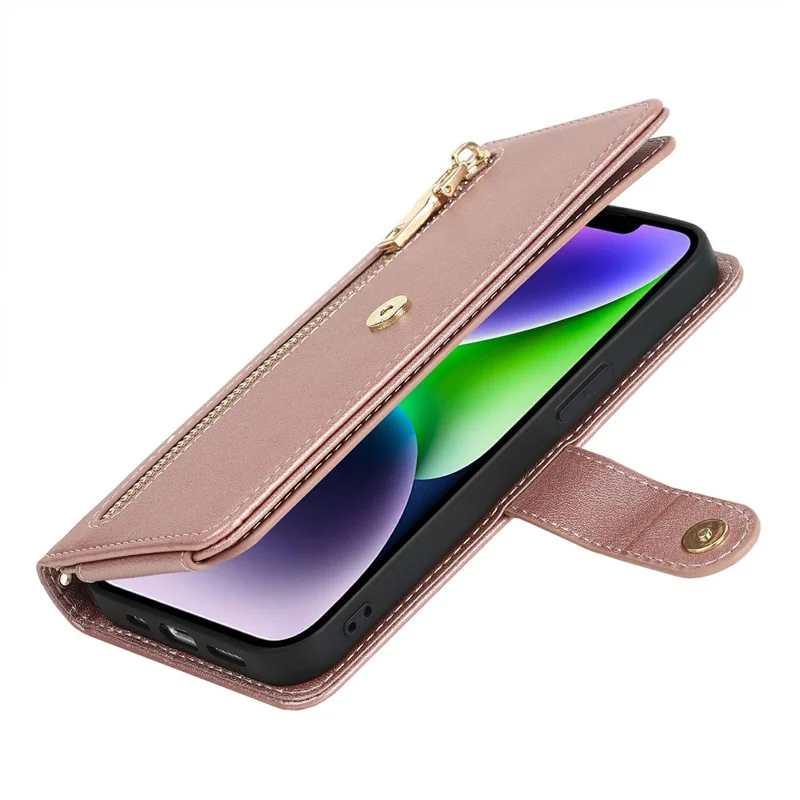 For iPhone 14 Plus Stand Case PU Leather Phone Cover with Straps  /  Zipper Wallet  /  Multiple Card Slots - Rose Gold
