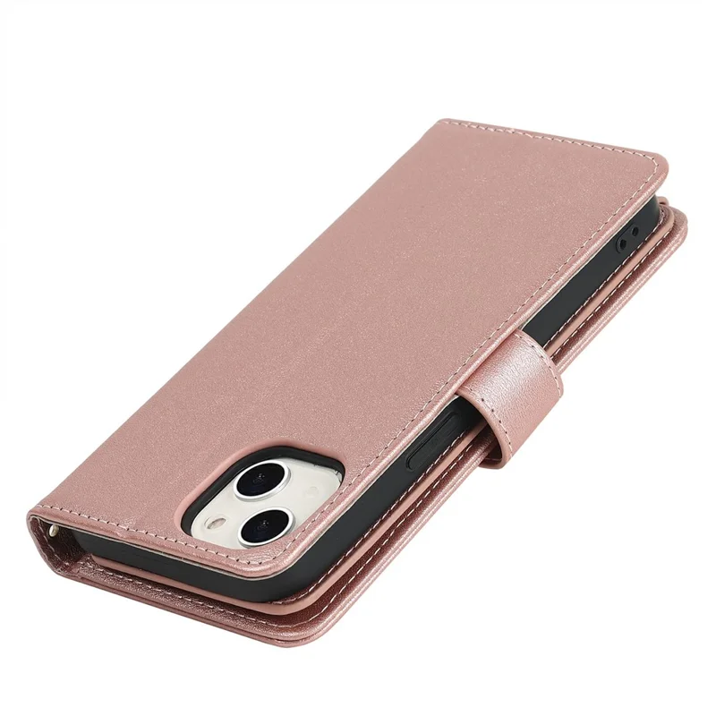 For iPhone 14 Plus Stand Case PU Leather Phone Cover with Straps  /  Zipper Wallet  /  Multiple Card Slots - Rose Gold