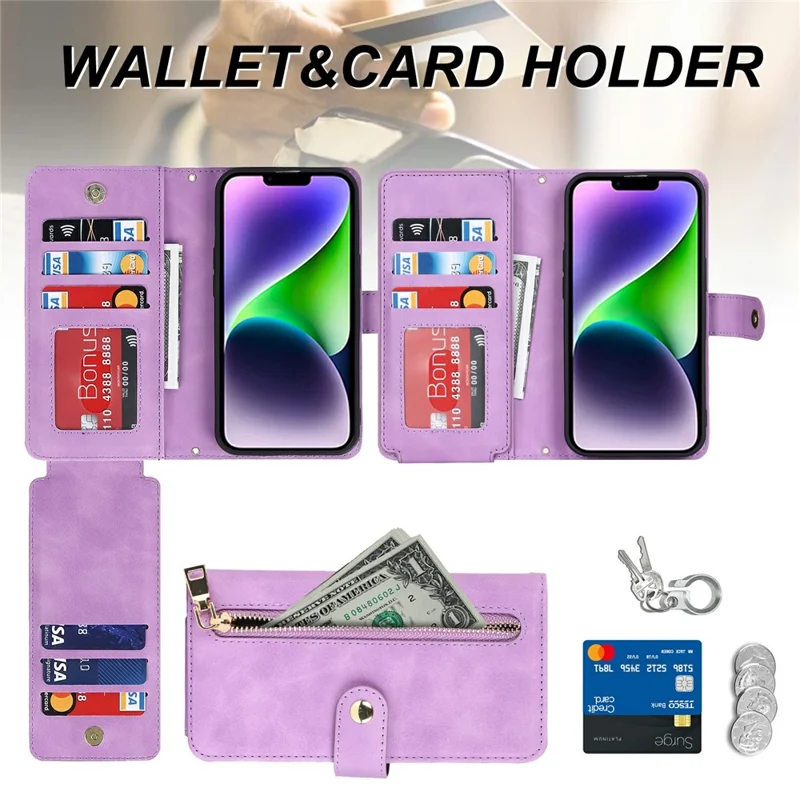For iPhone 14 Plus Stand Case PU Leather Phone Cover with Straps  /  Zipper Wallet  /  Multiple Card Slots - Light Purple