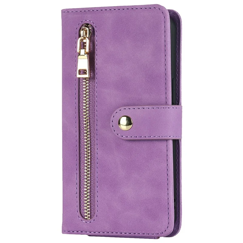 For iPhone 14 Plus Stand Case PU Leather Phone Cover with Straps  /  Zipper Wallet  /  Multiple Card Slots - Light Purple