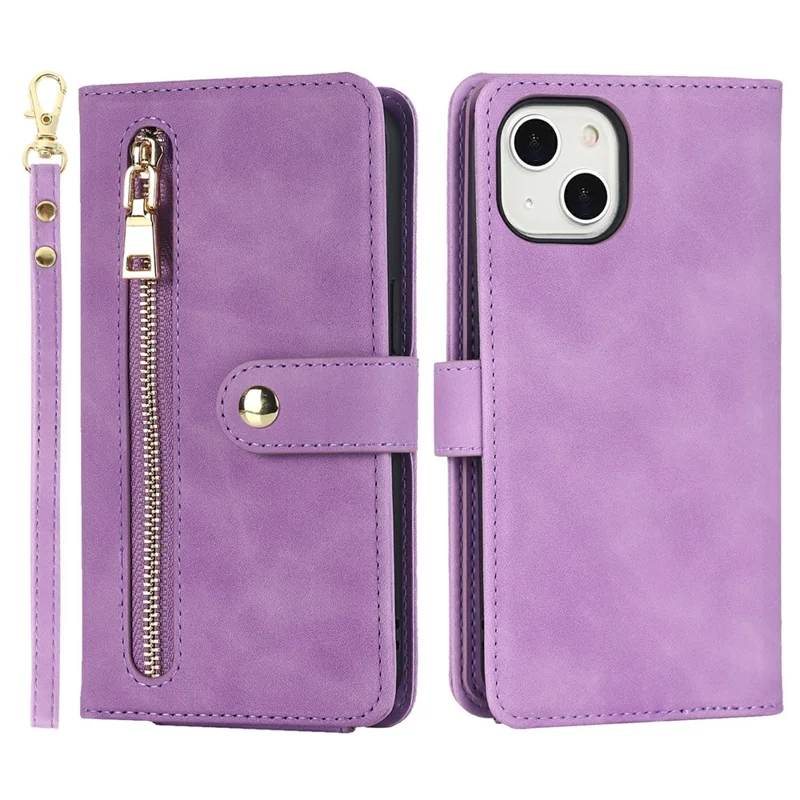 For iPhone 14 Plus Stand Case PU Leather Phone Cover with Straps  /  Zipper Wallet  /  Multiple Card Slots - Light Purple