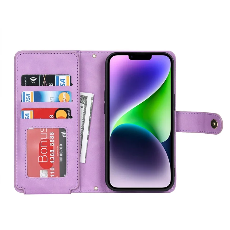 For iPhone 14 Plus Stand Case PU Leather Phone Cover with Straps  /  Zipper Wallet  /  Multiple Card Slots - Light Purple