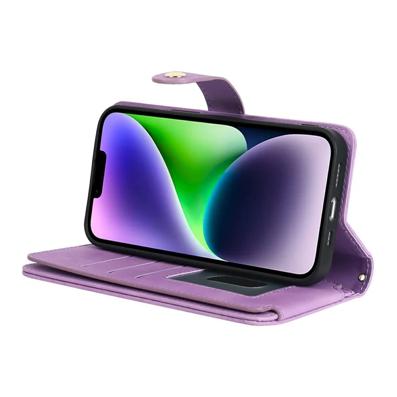 For iPhone 14 Plus Stand Case PU Leather Phone Cover with Straps  /  Zipper Wallet  /  Multiple Card Slots - Light Purple
