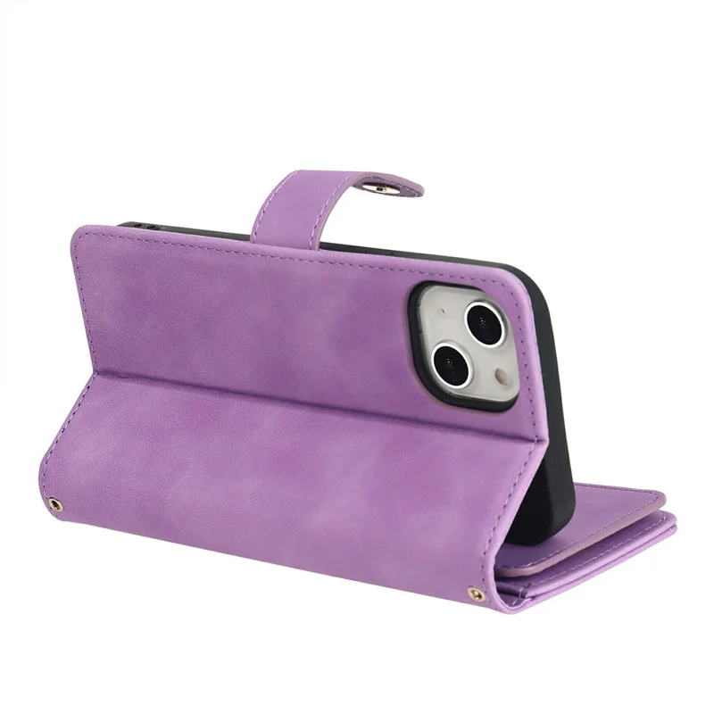 For iPhone 14 Plus Stand Case PU Leather Phone Cover with Straps  /  Zipper Wallet  /  Multiple Card Slots - Light Purple