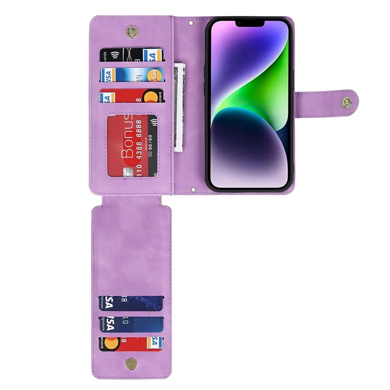 For iPhone 14 Plus Stand Case PU Leather Phone Cover with Straps  /  Zipper Wallet  /  Multiple Card Slots - Light Purple