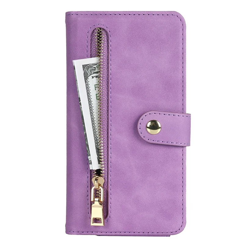 For iPhone 14 Plus Stand Case PU Leather Phone Cover with Straps  /  Zipper Wallet  /  Multiple Card Slots - Light Purple