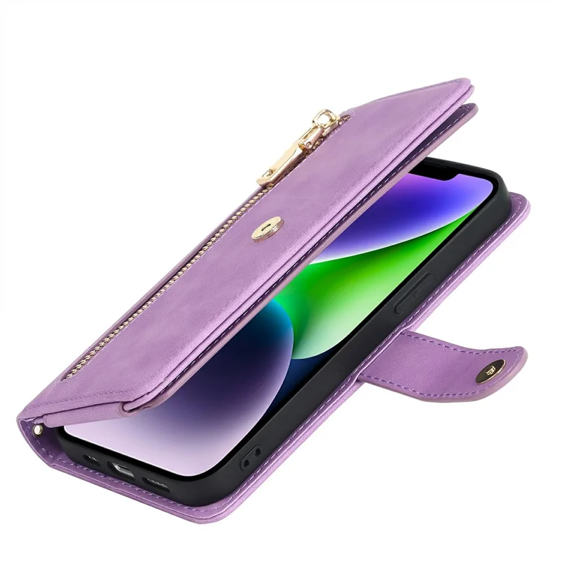 For iPhone 14 Plus Stand Case PU Leather Phone Cover with Straps  /  Zipper Wallet  /  Multiple Card Slots - Light Purple
