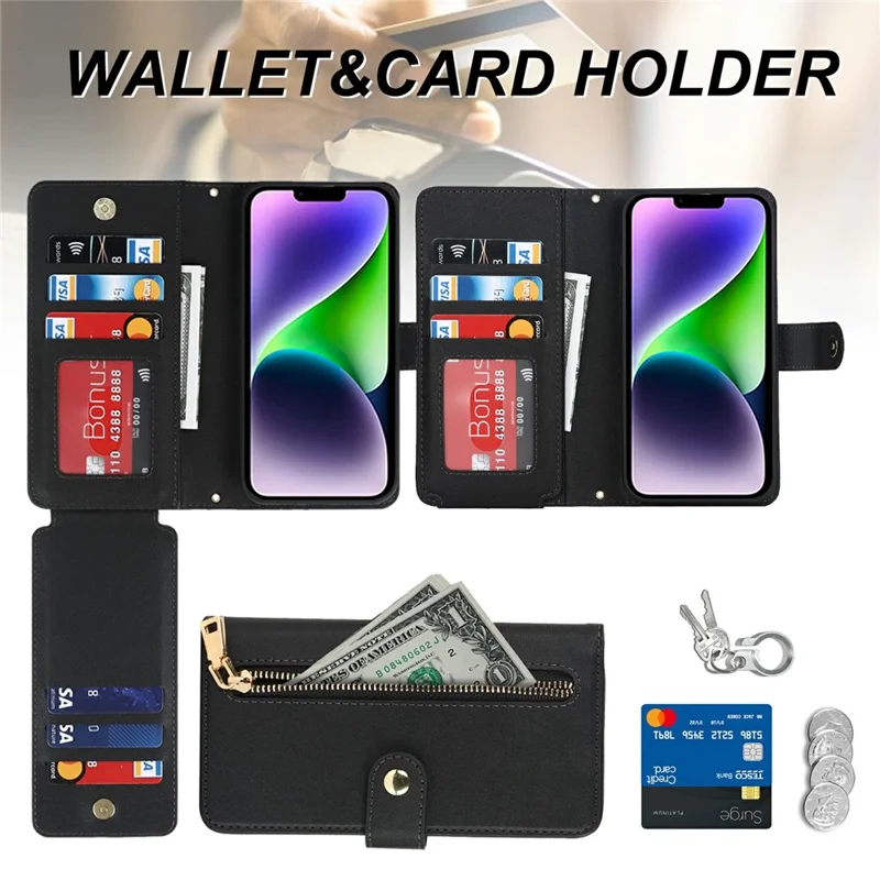For iPhone 15 Stand Case PU Leather Phone Cover with Straps  /  Zipper Wallet  /  Multiple Card Slots - Black