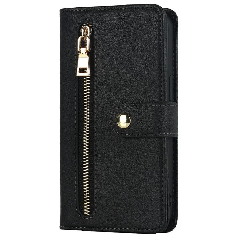 For iPhone 15 Stand Case PU Leather Phone Cover with Straps  /  Zipper Wallet  /  Multiple Card Slots - Black
