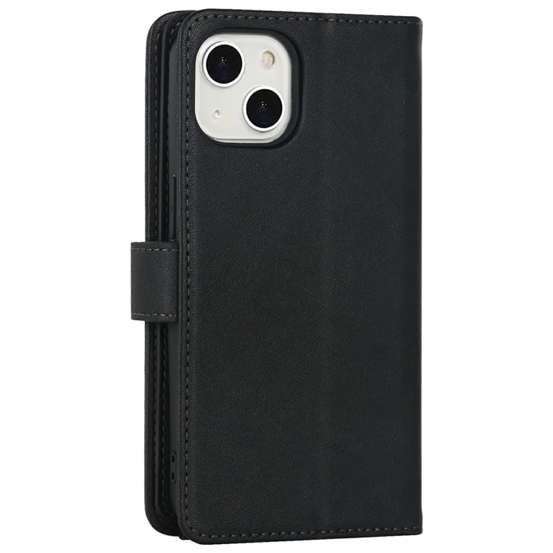 For iPhone 15 Stand Case PU Leather Phone Cover with Straps  /  Zipper Wallet  /  Multiple Card Slots - Black