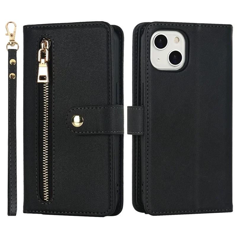For iPhone 15 Stand Case PU Leather Phone Cover with Straps  /  Zipper Wallet  /  Multiple Card Slots - Black
