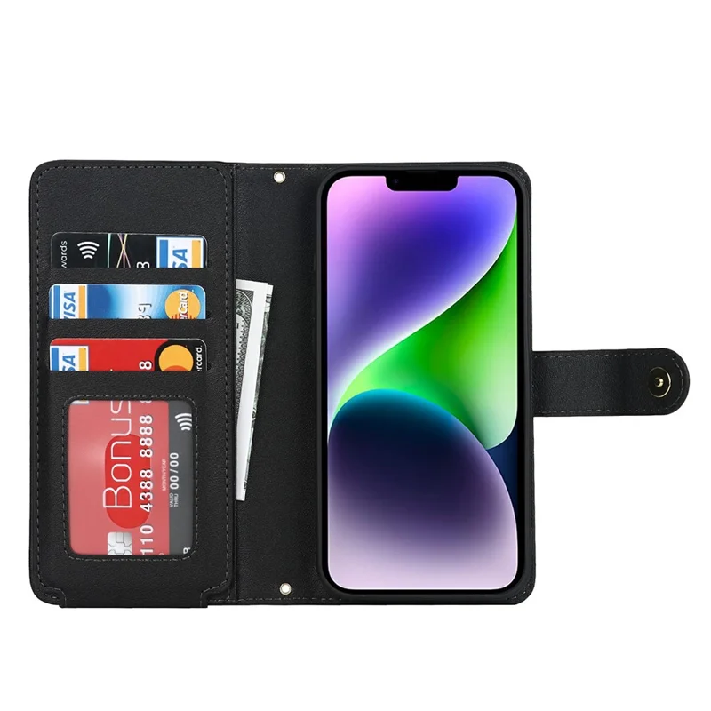 For iPhone 15 Stand Case PU Leather Phone Cover with Straps  /  Zipper Wallet  /  Multiple Card Slots - Black